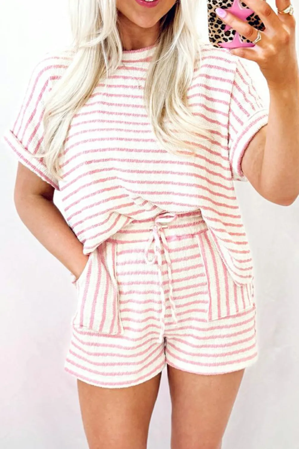 Hot Dear-Lover Knitted Short Sleeve Top and Drawstring Shorts Set Pink Stripe