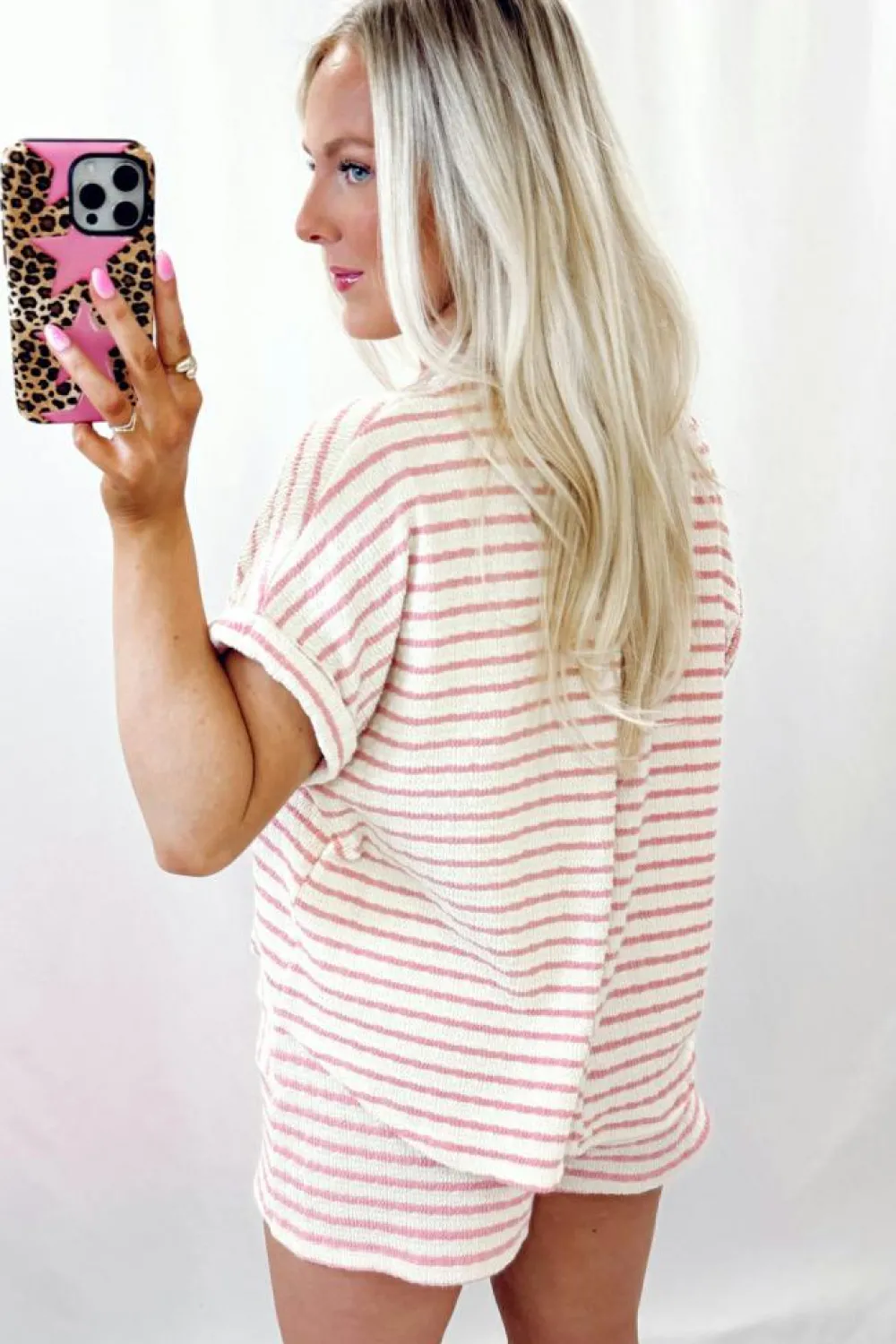 Hot Dear-Lover Knitted Short Sleeve Top and Drawstring Shorts Set Pink Stripe