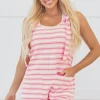 Fashion Dear-Lover Knotted Strap Patched Pocket Romper Pink Stripe
