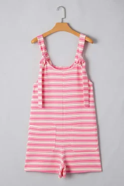 Fashion Dear-Lover Knotted Strap Patched Pocket Romper Pink Stripe