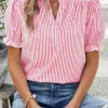 Best Dear-Lover Notched Neck Frilled Short Puff Sleeve Blouse Pink Stripe