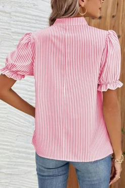 Best Dear-Lover Notched Neck Frilled Short Puff Sleeve Blouse Pink Stripe