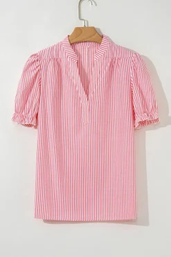 Best Dear-Lover Notched Neck Frilled Short Puff Sleeve Blouse Pink Stripe