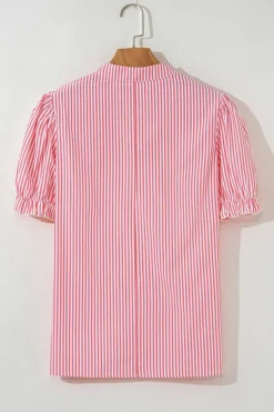 Best Dear-Lover Notched Neck Frilled Short Puff Sleeve Blouse Pink Stripe