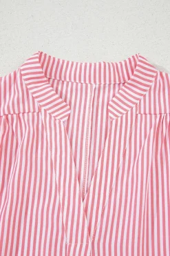 Best Dear-Lover Notched Neck Frilled Short Puff Sleeve Blouse Pink Stripe