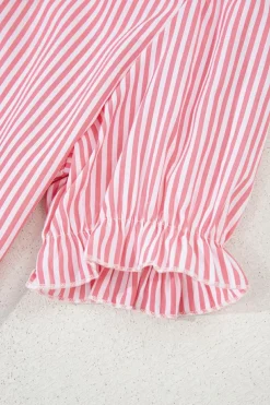 Best Dear-Lover Notched Neck Frilled Short Puff Sleeve Blouse Pink Stripe