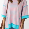 Sale Dear-Lover Oversized Contrast Trim Exposed Seam High Low T Shirt Pink Stripe