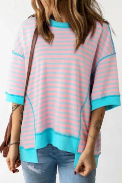 Sale Dear-Lover Oversized Contrast Trim Exposed Seam High Low T Shirt Pink Stripe