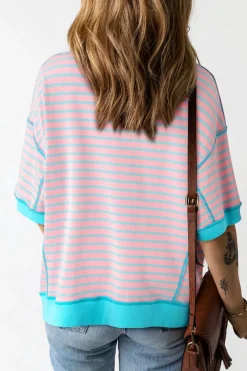Sale Dear-Lover Oversized Contrast Trim Exposed Seam High Low T Shirt Pink Stripe