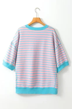 Sale Dear-Lover Oversized Contrast Trim Exposed Seam High Low T Shirt Pink Stripe