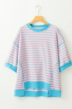 Sale Dear-Lover Oversized Contrast Trim Exposed Seam High Low T Shirt Pink Stripe