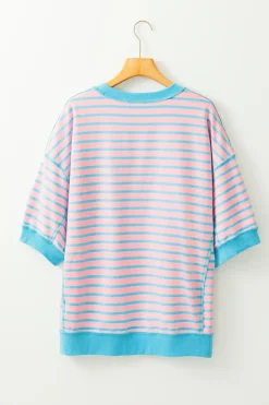 Sale Dear-Lover Oversized Contrast Trim Exposed Seam High Low T Shirt Pink Stripe