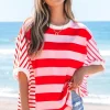 Clearance Dear-Lover Patchwork Round Neck Side Split Loose T Shirt Pink Stripe