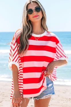 Clearance Dear-Lover Patchwork Round Neck Side Split Loose T Shirt Pink Stripe