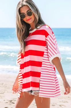 Clearance Dear-Lover Patchwork Round Neck Side Split Loose T Shirt Pink Stripe