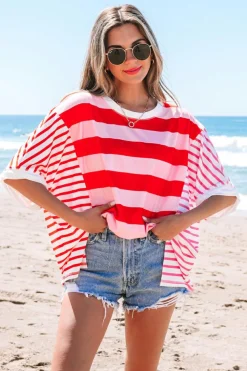 Clearance Dear-Lover Patchwork Round Neck Side Split Loose T Shirt Pink Stripe