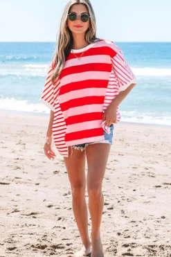 Clearance Dear-Lover Patchwork Round Neck Side Split Loose T Shirt Pink Stripe