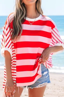Clearance Dear-Lover Patchwork Round Neck Side Split Loose T Shirt Pink Stripe
