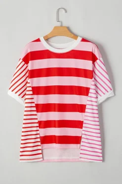 Clearance Dear-Lover Patchwork Round Neck Side Split Loose T Shirt Pink Stripe