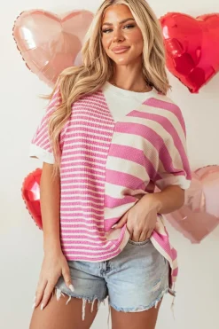 Fashion Dear-Lover Patchwork Textured Short Sleeve High Low Loose Top Pink Stripe