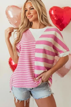 Fashion Dear-Lover Patchwork Textured Short Sleeve High Low Loose Top Pink Stripe