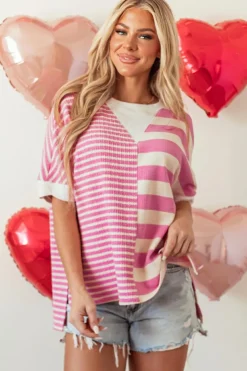Fashion Dear-Lover Patchwork Textured Short Sleeve High Low Loose Top Pink Stripe