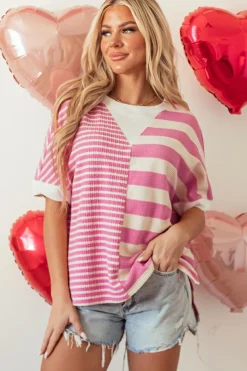 Fashion Dear-Lover Patchwork Textured Short Sleeve High Low Loose Top Pink Stripe