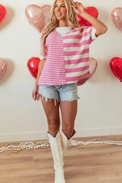Fashion Dear-Lover Patchwork Textured Short Sleeve High Low Loose Top Pink Stripe