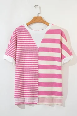 Fashion Dear-Lover Patchwork Textured Short Sleeve High Low Loose Top Pink Stripe
