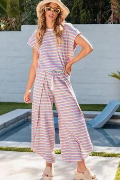 Online Dear-Lover Rainbow Tee Tasseled String Wide Leg Pants Set Pink Stripe