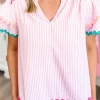 Hot Dear-Lover Ricrac Trim Split Neck Striped Ruffled Sleeve Blouse Pink Stripe