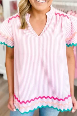 Hot Dear-Lover Ricrac Trim Split Neck Striped Ruffled Sleeve Blouse Pink Stripe