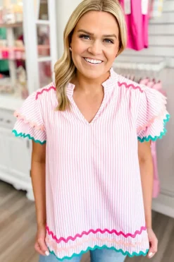 Hot Dear-Lover Ricrac Trim Split Neck Striped Ruffled Sleeve Blouse Pink Stripe
