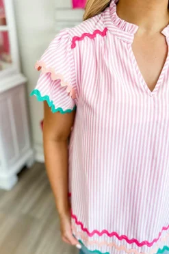 Hot Dear-Lover Ricrac Trim Split Neck Striped Ruffled Sleeve Blouse Pink Stripe
