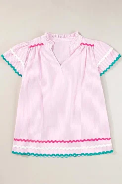Hot Dear-Lover Ricrac Trim Split Neck Striped Ruffled Sleeve Blouse Pink Stripe