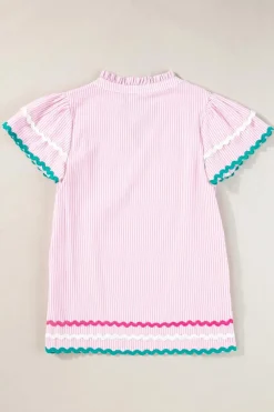 Hot Dear-Lover Ricrac Trim Split Neck Striped Ruffled Sleeve Blouse Pink Stripe
