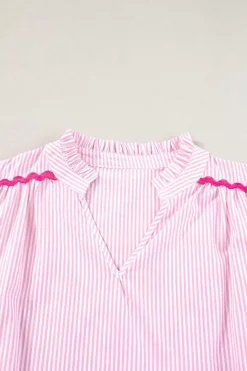 Hot Dear-Lover Ricrac Trim Split Neck Striped Ruffled Sleeve Blouse Pink Stripe