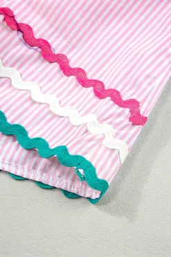 Hot Dear-Lover Ricrac Trim Split Neck Striped Ruffled Sleeve Blouse Pink Stripe