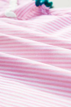 Hot Dear-Lover Ricrac Trim Split Neck Striped Ruffled Sleeve Blouse Pink Stripe