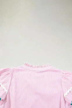 Hot Dear-Lover Ricrac Trim Split Neck Striped Ruffled Sleeve Blouse Pink Stripe