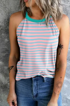 Best Dear-Lover Round Neck Tank Top Pink Stripe