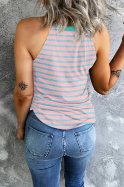 Best Dear-Lover Round Neck Tank Top Pink Stripe