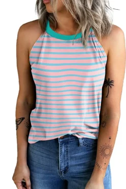 Best Dear-Lover Round Neck Tank Top Pink Stripe