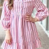 Fashion Dear-Lover Ruffled Hem Button-up Collared Shirt Mini Dress Pink Stripe