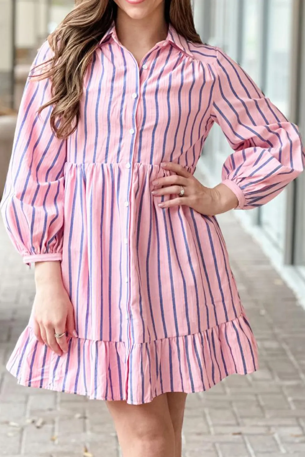 Fashion Dear-Lover Ruffled Hem Button-up Collared Shirt Mini Dress Pink Stripe