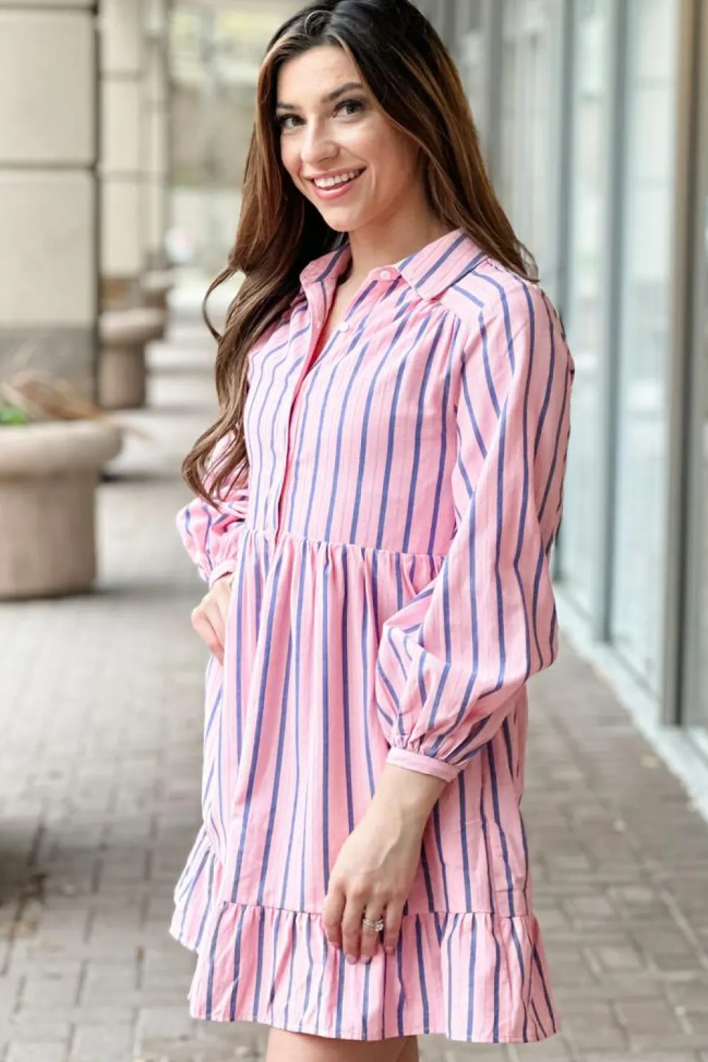 Fashion Dear-Lover Ruffled Hem Button-up Collared Shirt Mini Dress Pink Stripe