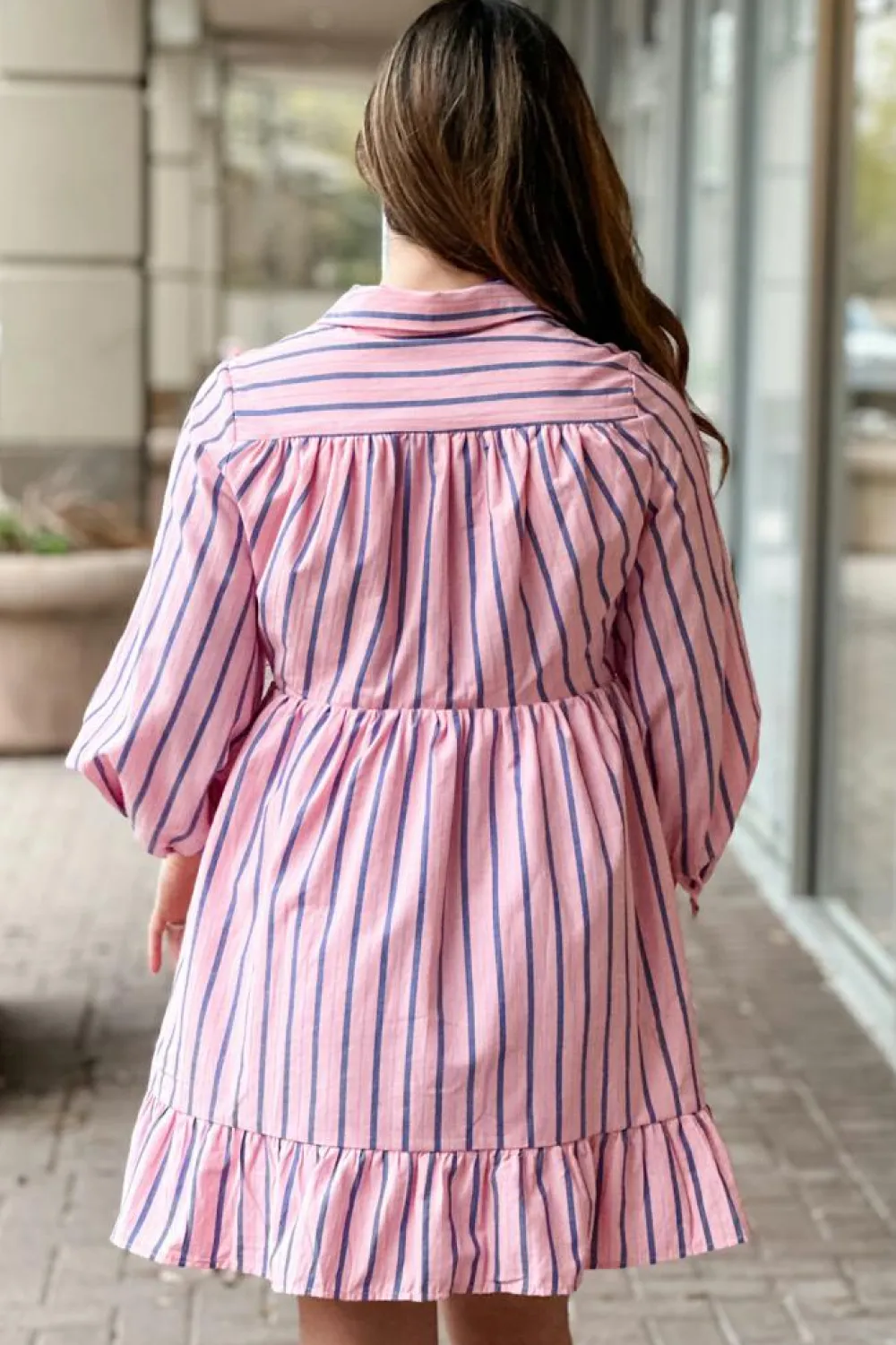Fashion Dear-Lover Ruffled Hem Button-up Collared Shirt Mini Dress Pink Stripe