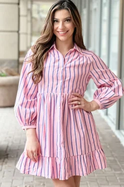 Fashion Dear-Lover Ruffled Hem Button-up Collared Shirt Mini Dress Pink Stripe