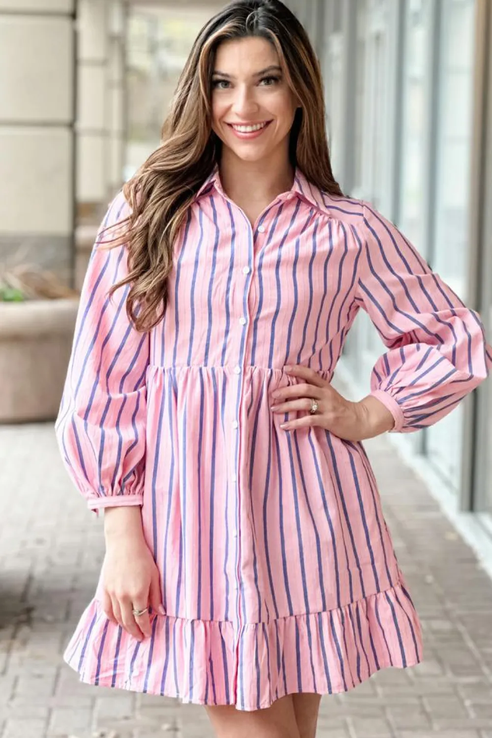 Fashion Dear-Lover Ruffled Hem Button-up Collared Shirt Mini Dress Pink Stripe