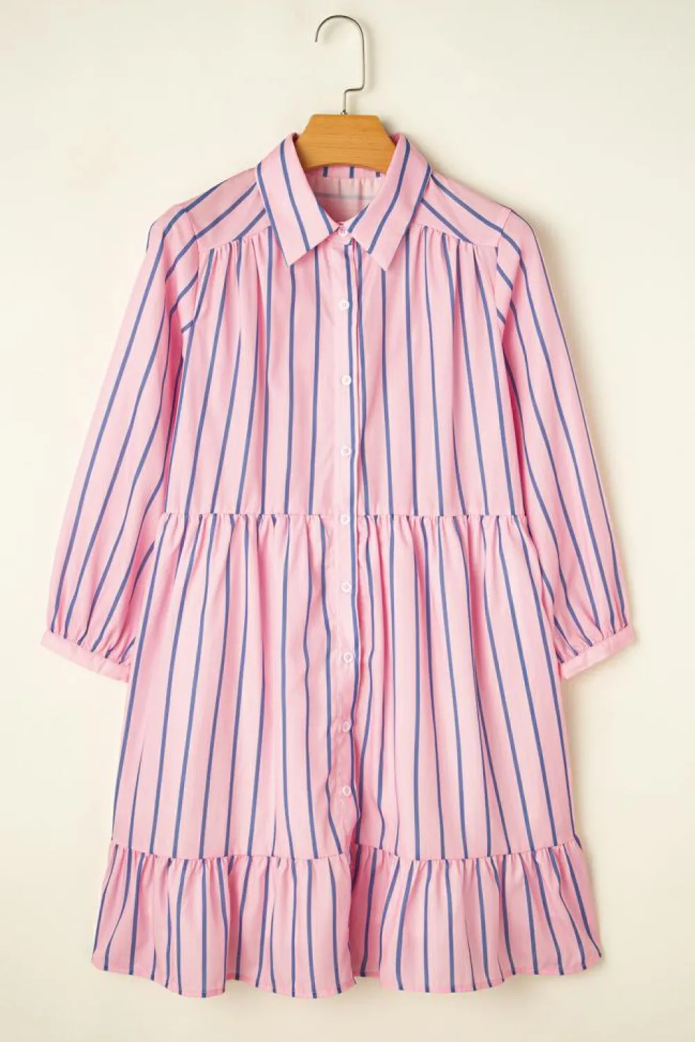 Fashion Dear-Lover Ruffled Hem Button-up Collared Shirt Mini Dress Pink Stripe